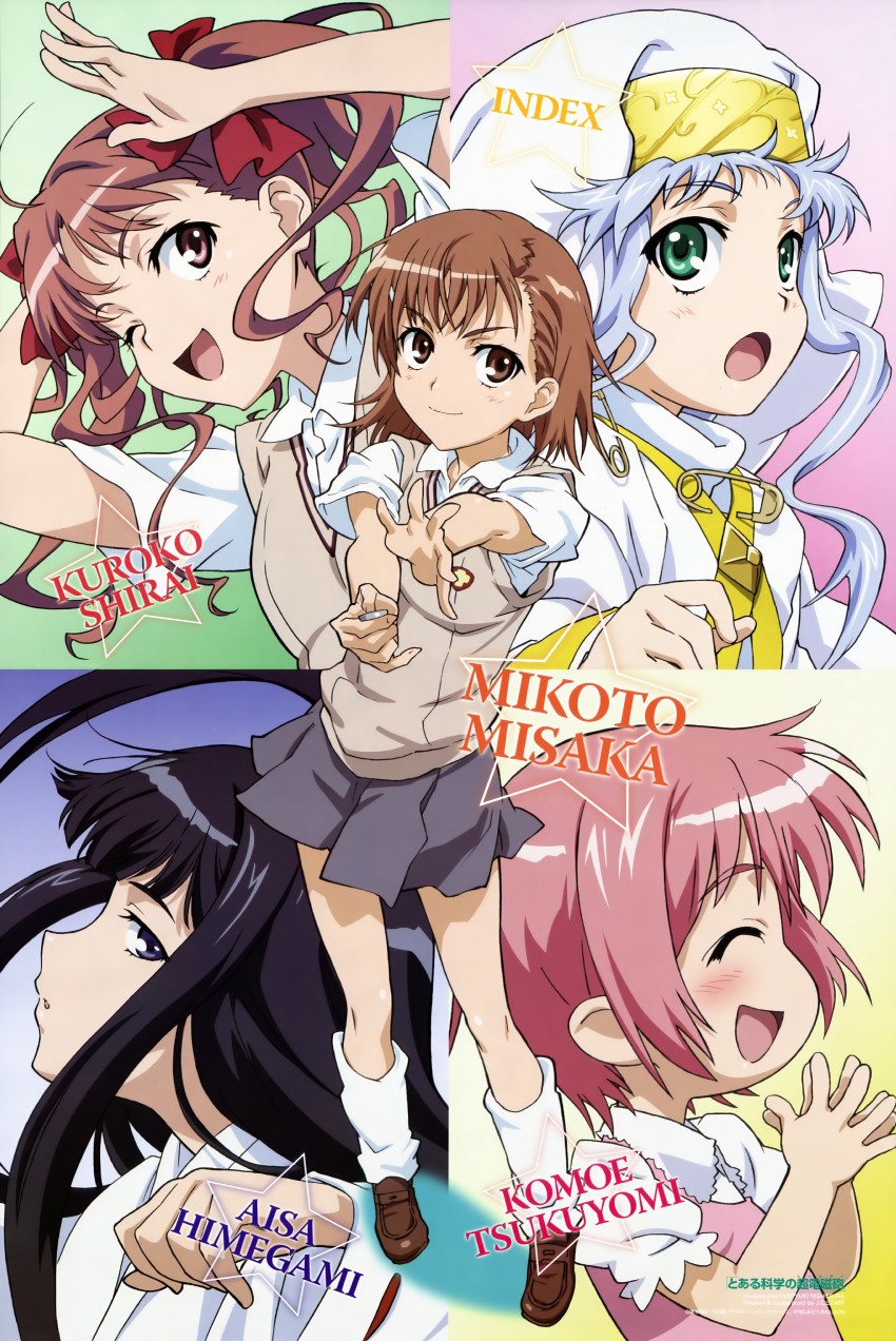 misaka mikoto, shirai kuroko, index, tsukuyomi komoe, and himegami aisa (toaru majutsu no index and 3 more) drawn by kawamura_takayasu