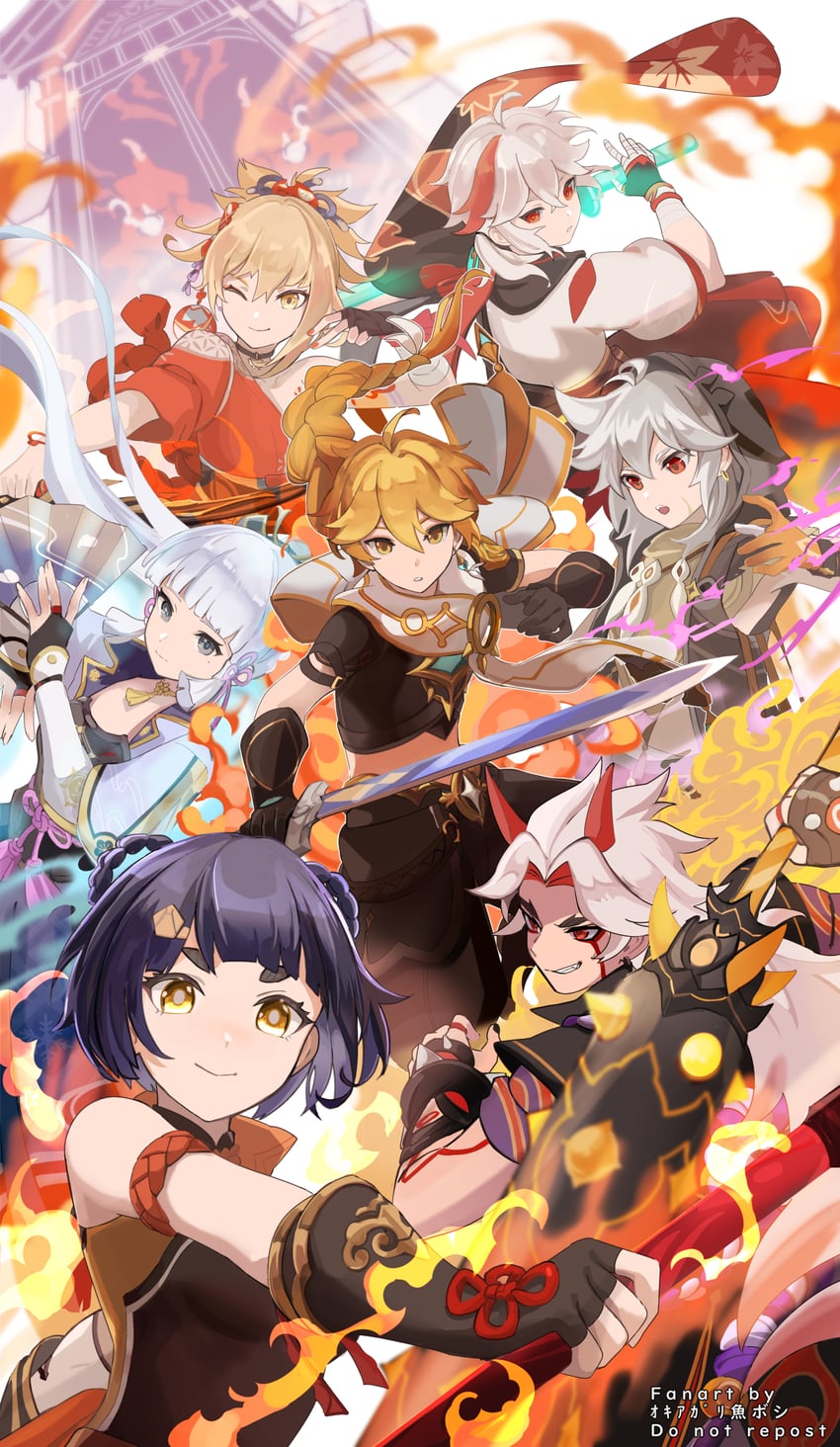 aether, kamisato ayaka, kaedehara kazuha, yoimiya, xiangling, and 2 more (genshin impact) drawn by okkobc