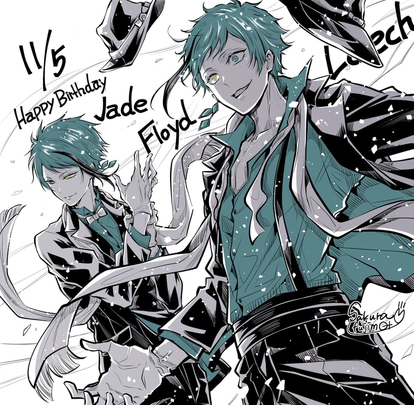 floyd leech and jade leech (twisted wonderland) drawn by fujimoto_sakura