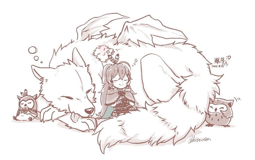 nanashi mumei, friend, hootsie, hooman, and animal (hololive and 1 more) drawn by as_(bisection)