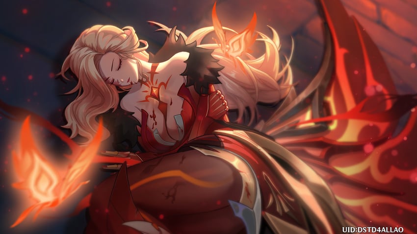 crimson lotus moth and signora (genshin impact) drawn by dstd4allao