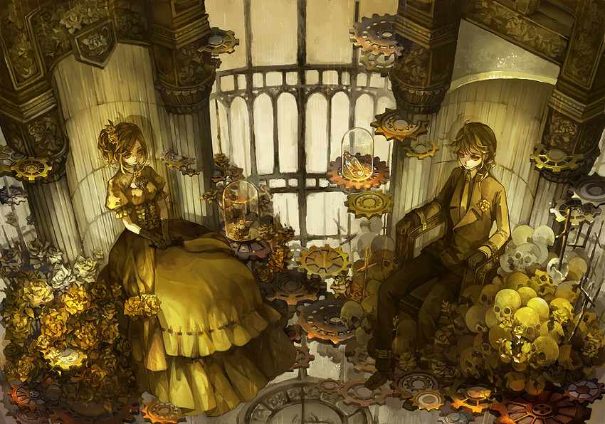 kagamine rin, kagamine len, riliane lucifen d'autriche, and allen avadonia (vocaloid and 2 more) drawn by katari_biumi
