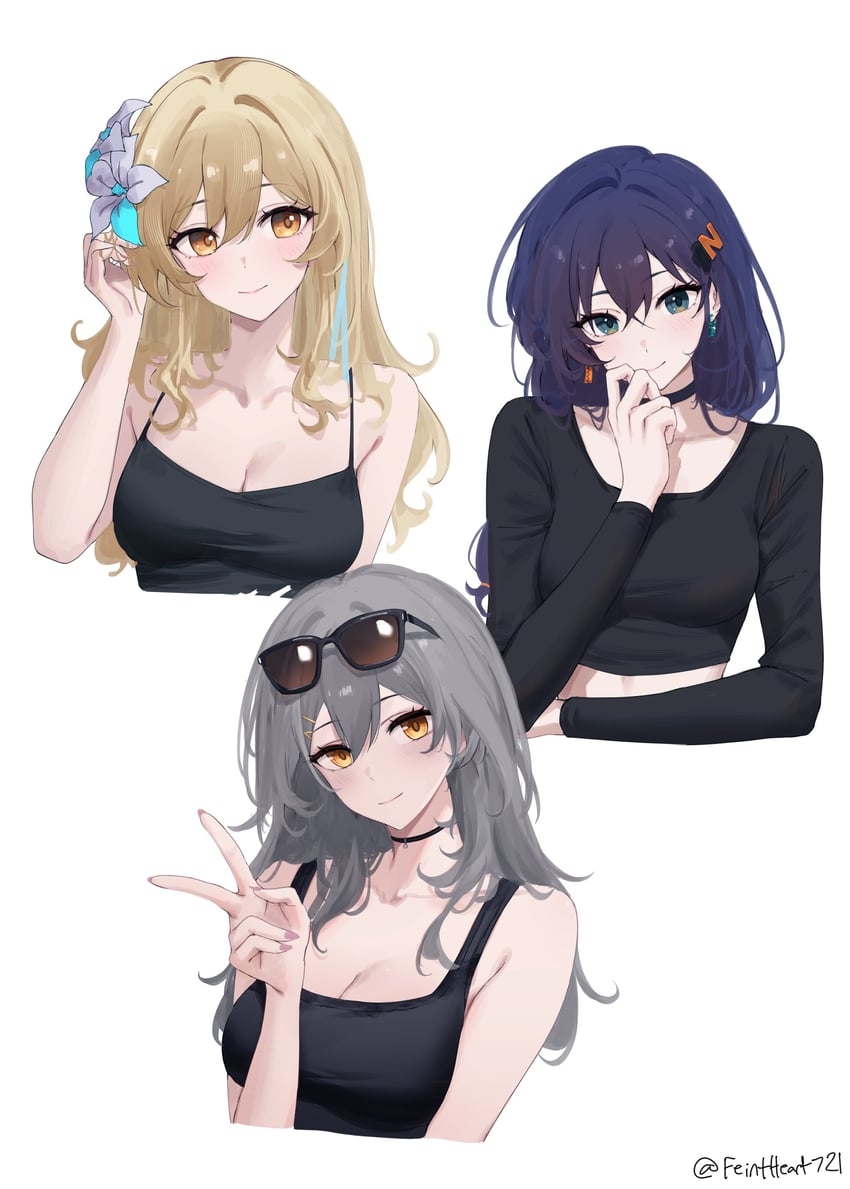 lumine, trailblazer, stelle, and belle (genshin impact and 4 more) drawn by feint721