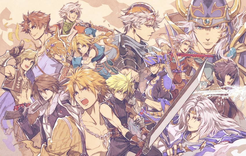 cloud strife, squall leonhart, zidane tribal, bartz klauser, noctis lucis caelum, and 11 more (final fantasy and 16 more) drawn by hirano_katsuyuki