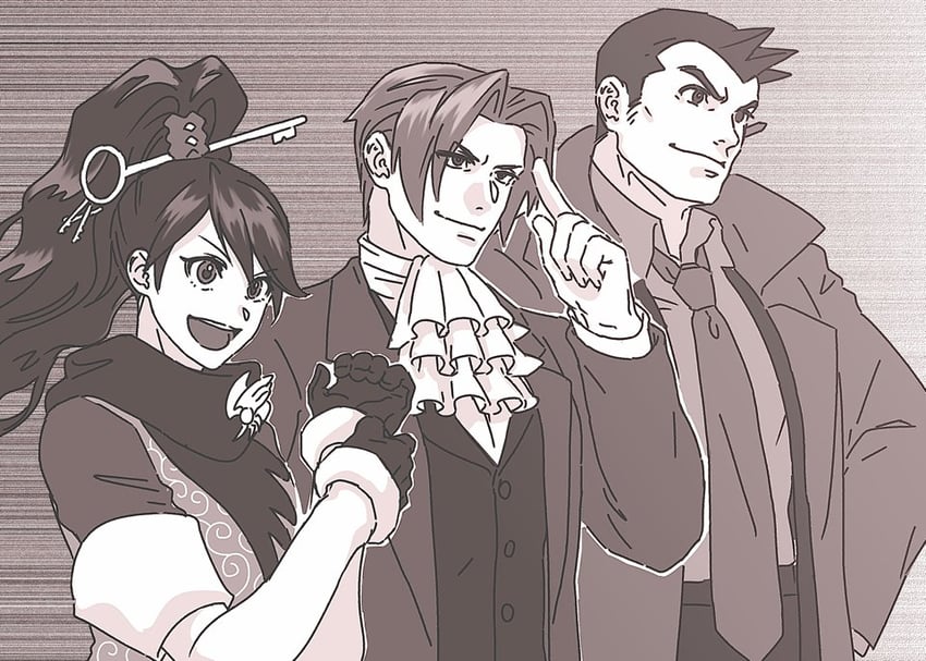 miles edgeworth, dick gumshoe, and kay faraday (ace attorney and 1 more) drawn by lcageki