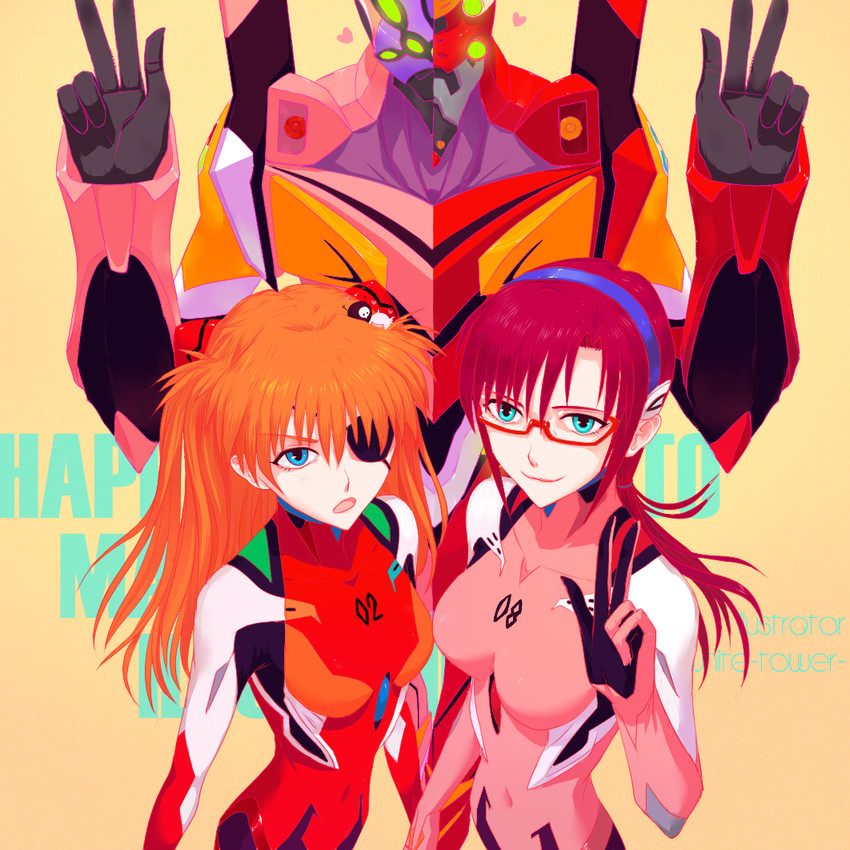 souryuu asuka langley, makinami mari illustrious, eva 02, mass production eva, sachiel, and 2 more (neon genesis evangelion and 2 more) drawn by bystander