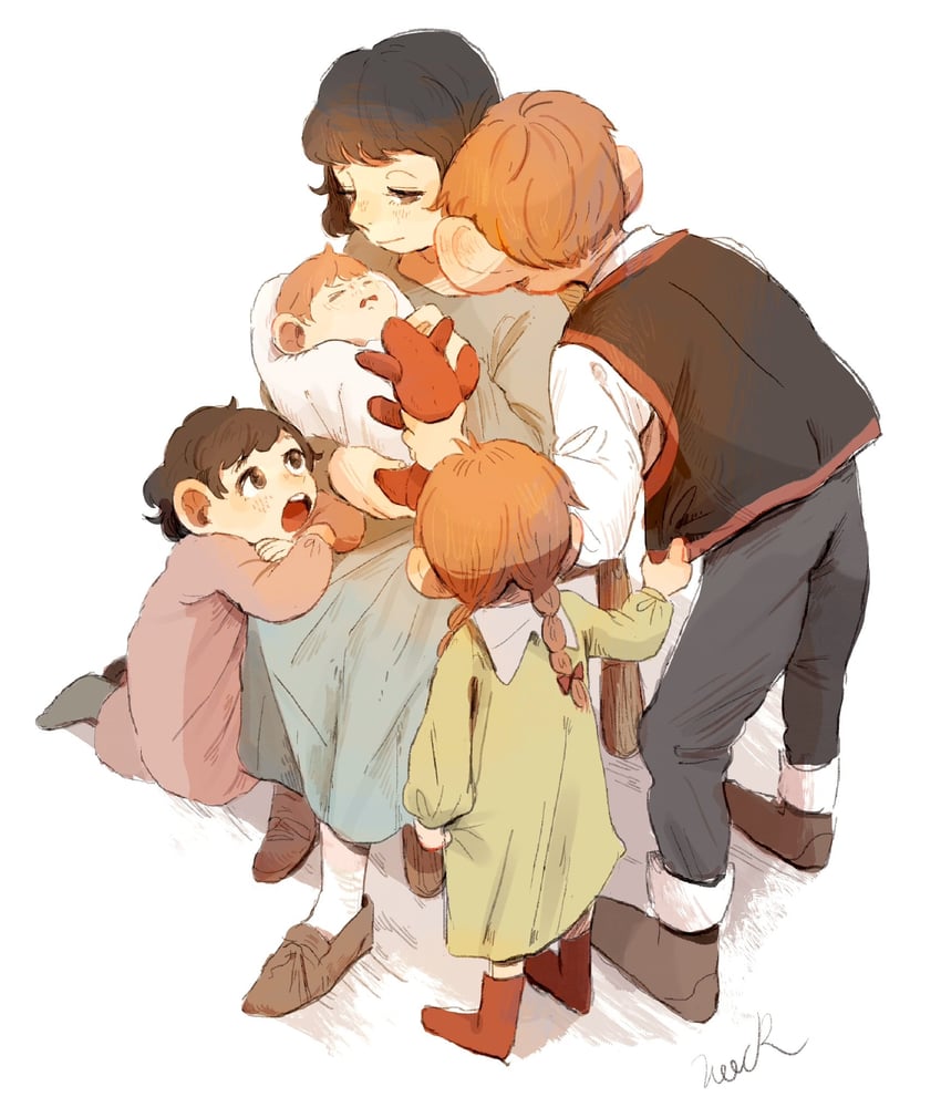 chilchuck tims, mayjack, fullertom, packpatty, and chilchuck's wife (dungeon meshi) drawn by huck_8989