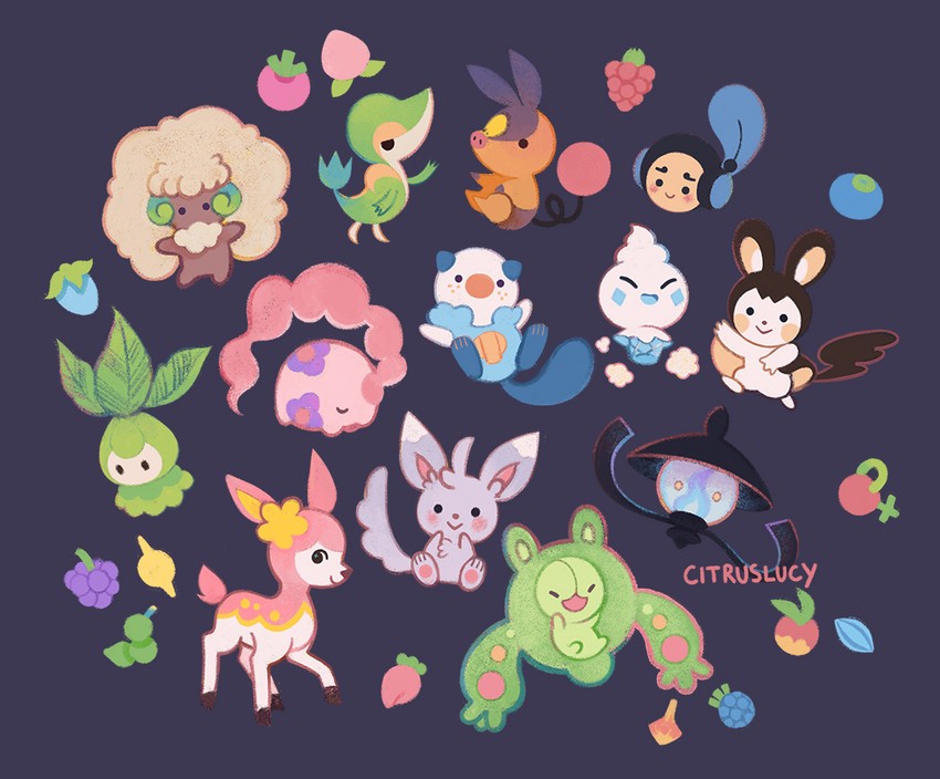 oshawott, snivy, tepig, emolga, whimsicott, and 8 more (pokemon) drawn by citruslucy