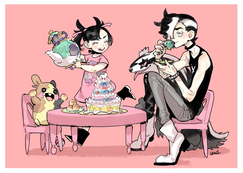 marnie, morpeko, piers, alcremie, polteageist, and 4 more (pokemon and 1 more) drawn by usakomu_(komugiko)