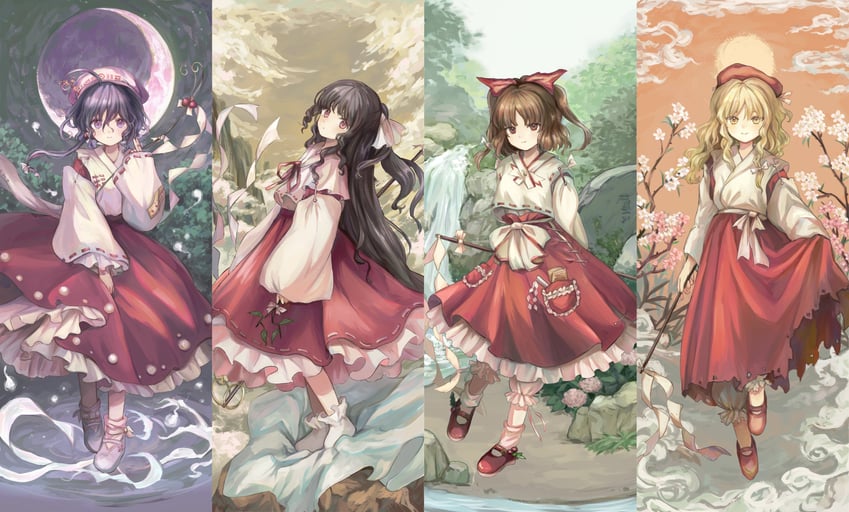 girl who trained on mt. haku, hourai girl, moonlight's anti-soul, and blonde shrine maiden from a future era (touhou and 1 more) drawn by sasami_(shiroi_fuwafuwa)