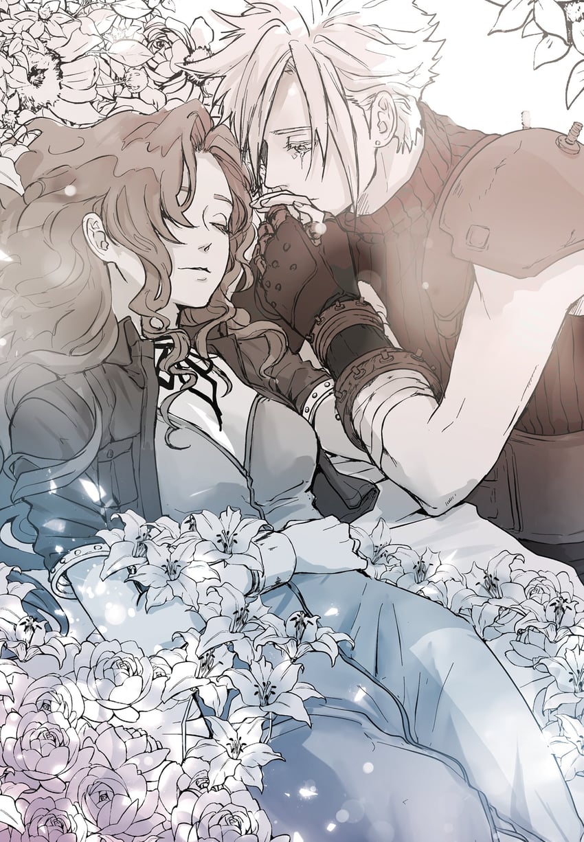 cloud strife and aerith gainsborough (final fantasy and 1 more) drawn by demi_co