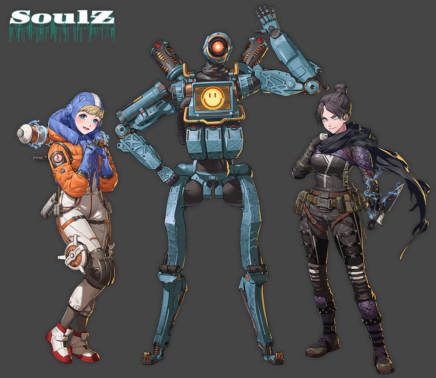 wattson, wraith, and pathfinder (apex legends) drawn by nemoto_yuuma