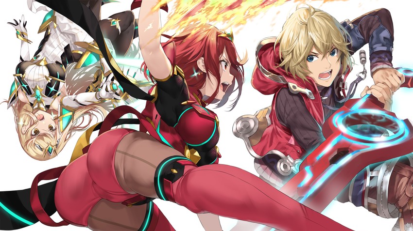 pyra, mythra, and shulk (xenoblade chronicles and 3 more) drawn by yappen