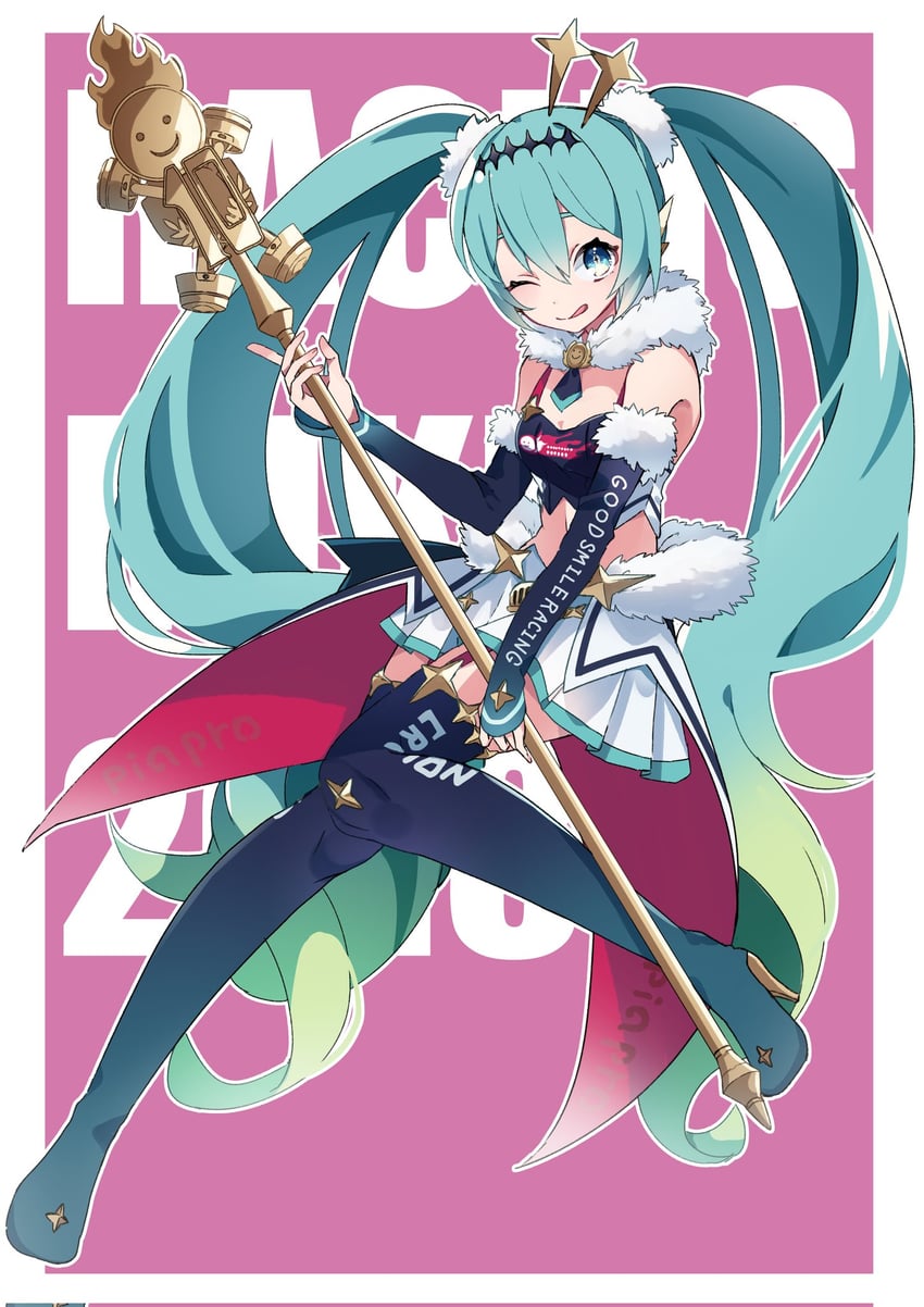 hatsune miku and racing miku (vocaloid and 1 more) drawn by kusunokimizuha
