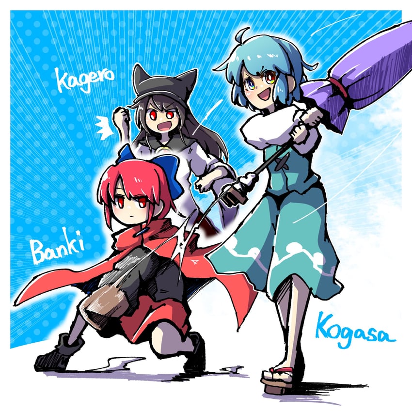tatara kogasa, imaizumi kagerou, and sekibanki (touhou) drawn by hurin_raika