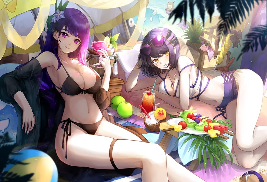 raiden shogun, slime, kujou sara, and hilichurl (genshin impact) drawn by pioko