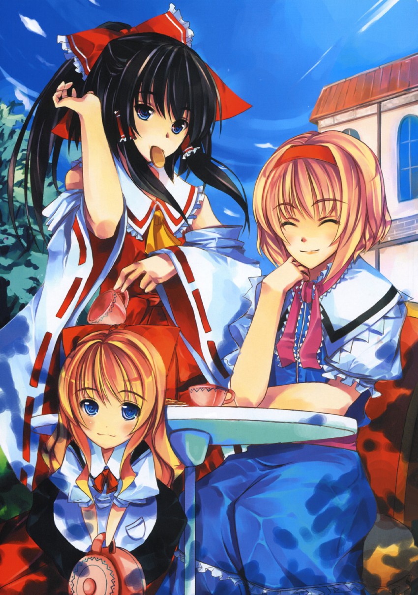 hakurei reimu, alice margatroid, and shanghai doll (touhou) drawn by hamayumiba_sou