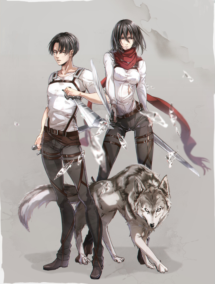mikasa ackerman and levi (shingeki no kyojin) drawn by kawauso