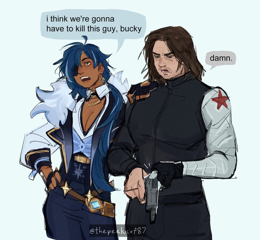 kaeya, bucky barnes, and winter soldier (genshin impact and 1 more) drawn by thepeelucof87