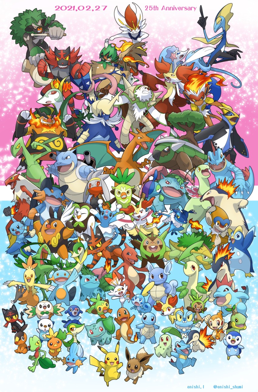 pikachu, eevee, rowlet, charizard, piplup, and 66 more (pokemon) drawn by yukari_(yukari21653710)