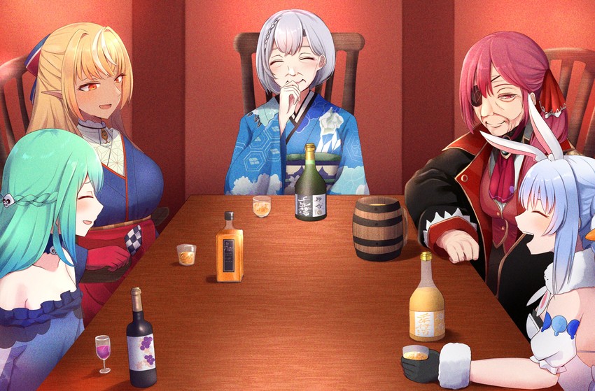 houshou marine, usada pekora, shirogane noel, uruha rushia, shiranui flare, and 1 more (hololive) drawn by umedoufu