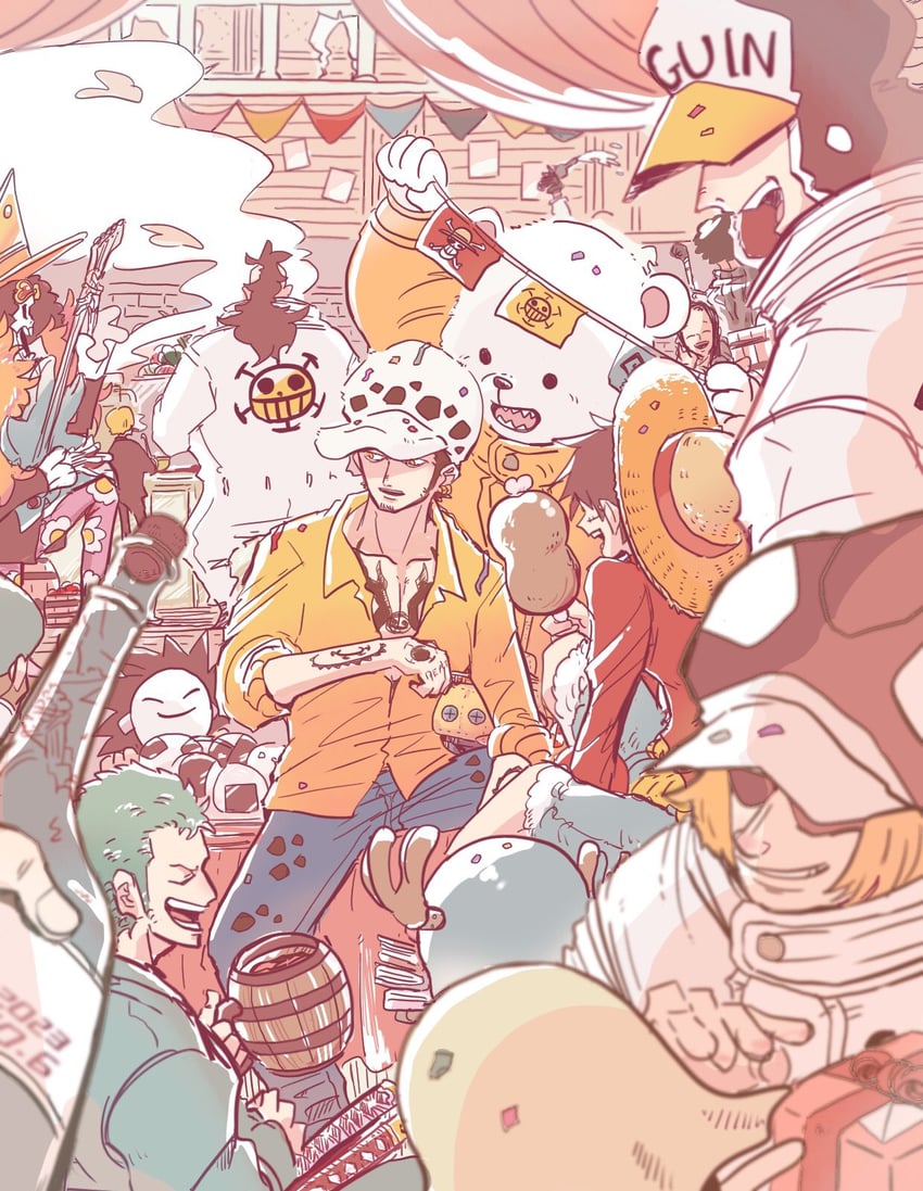 monkey d. luffy, nico robin, roronoa zoro, sanji, trafalgar law, and 8 more (one piece) drawn by ma_shikaku88