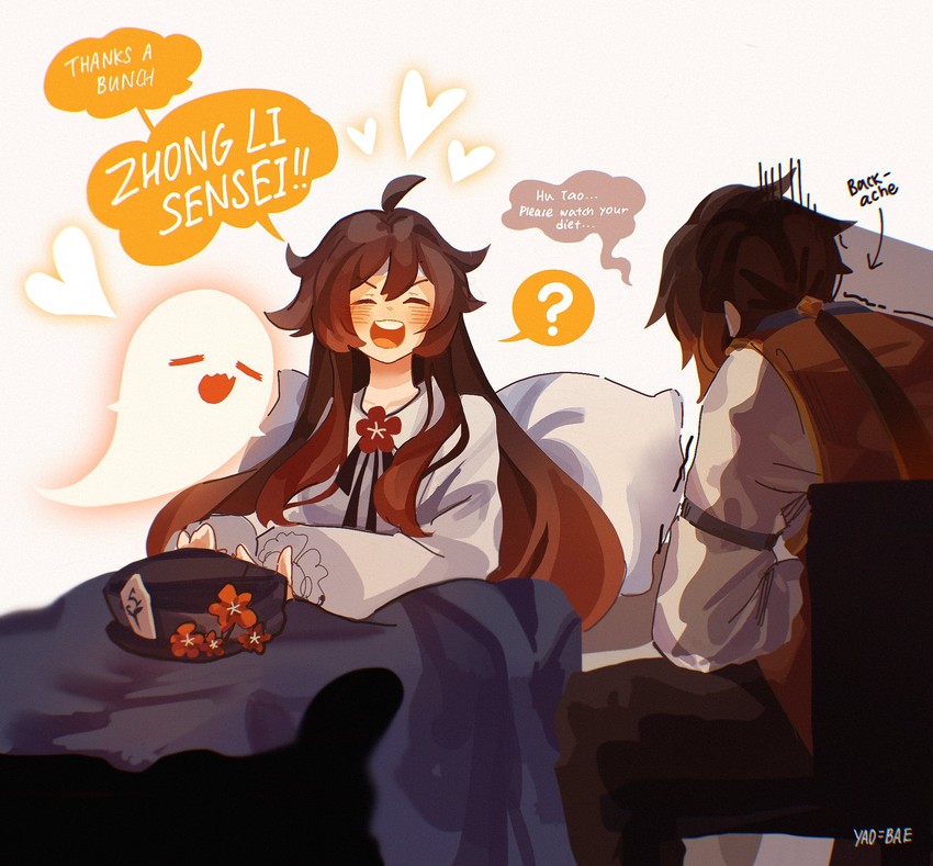 hu tao, zhongli, and boo tao (genshin impact) drawn by yaoyaobae