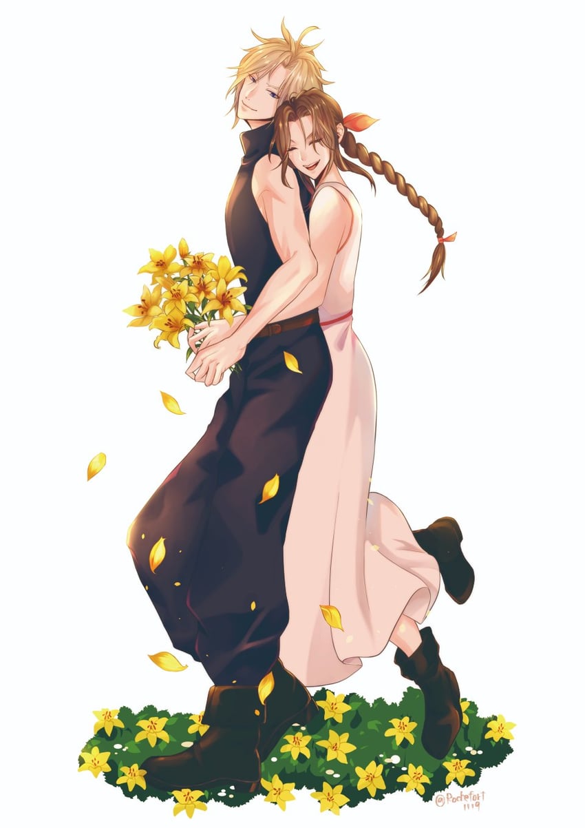 cloud strife and aerith gainsborough (final fantasy and 3 more) drawn by rochefort1119