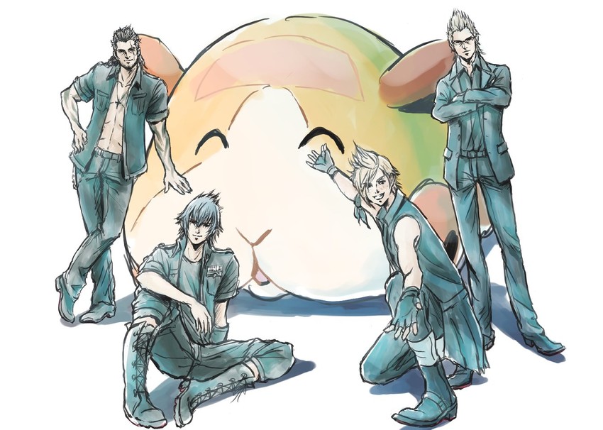 noctis lucis caelum, gladiolus amicitia, prompto argentum, ignis scientia, and potato (final fantasy and 2 more) drawn by raibellchiori