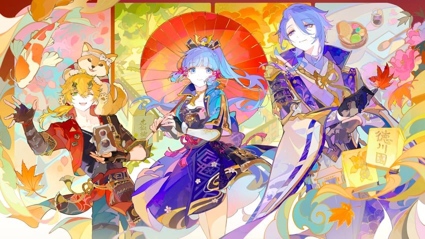 kamisato ayaka, kamisato ayato, thoma, and taroumaru (genshin impact) drawn by ezu_(e104mjd)