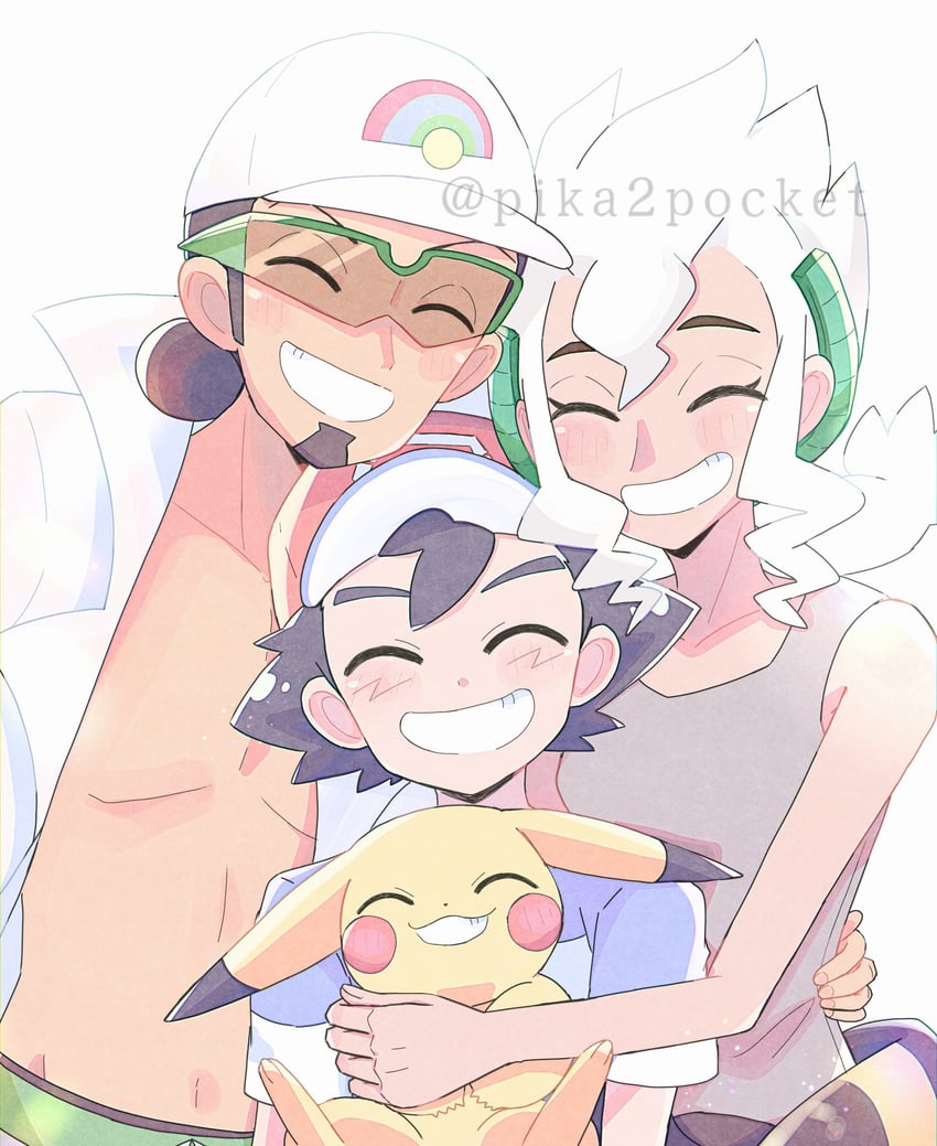 pikachu, ash ketchum, professor kukui, and professor burnet (pokemon and 1 more) drawn by pika2pocket