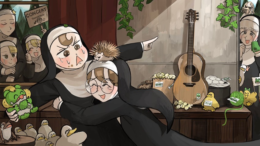 clumsy nun, froggy nun, spicy nun, sheep nun, glasses nun, and 1 more (little nuns) drawn by diva_(hyxpk)