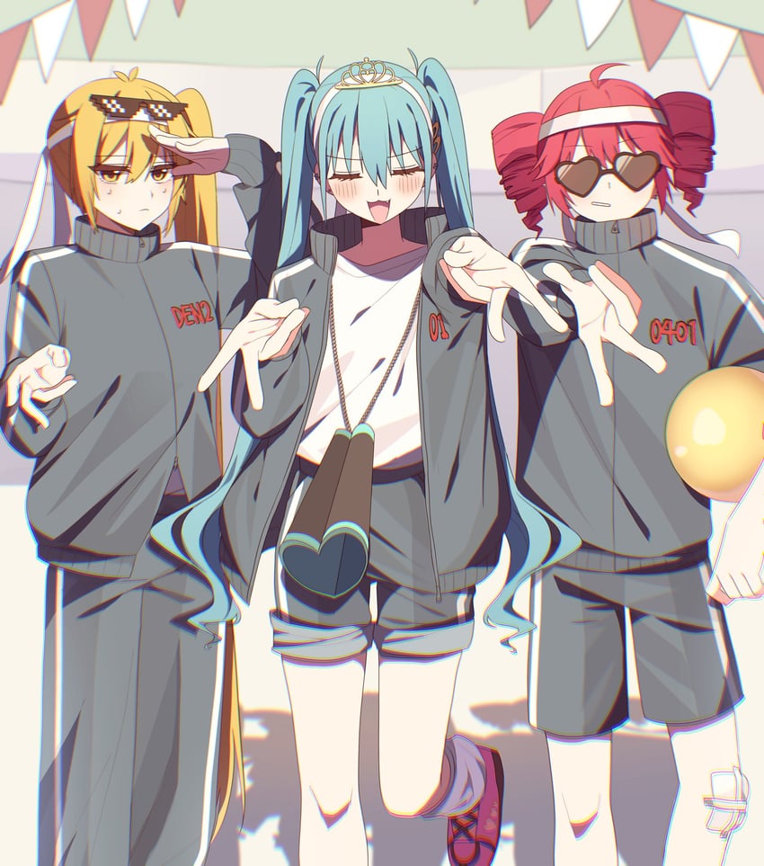 hatsune miku, kasane teto, and akita neru (vocaloid and 2 more) drawn by mozyamozya_7112