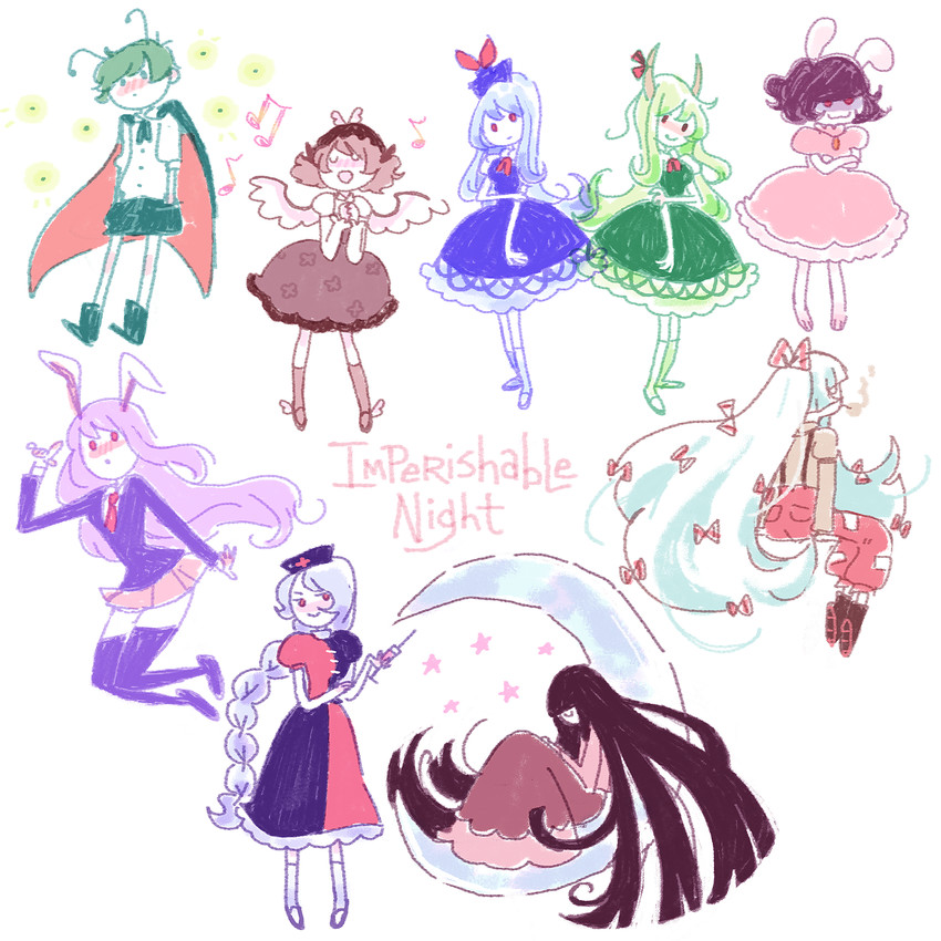 reisen udongein inaba, fujiwara no mokou, kamishirasawa keine, houraisan kaguya, mystia lorelei, and 4 more (touhou and 1 more) drawn by kaymurph