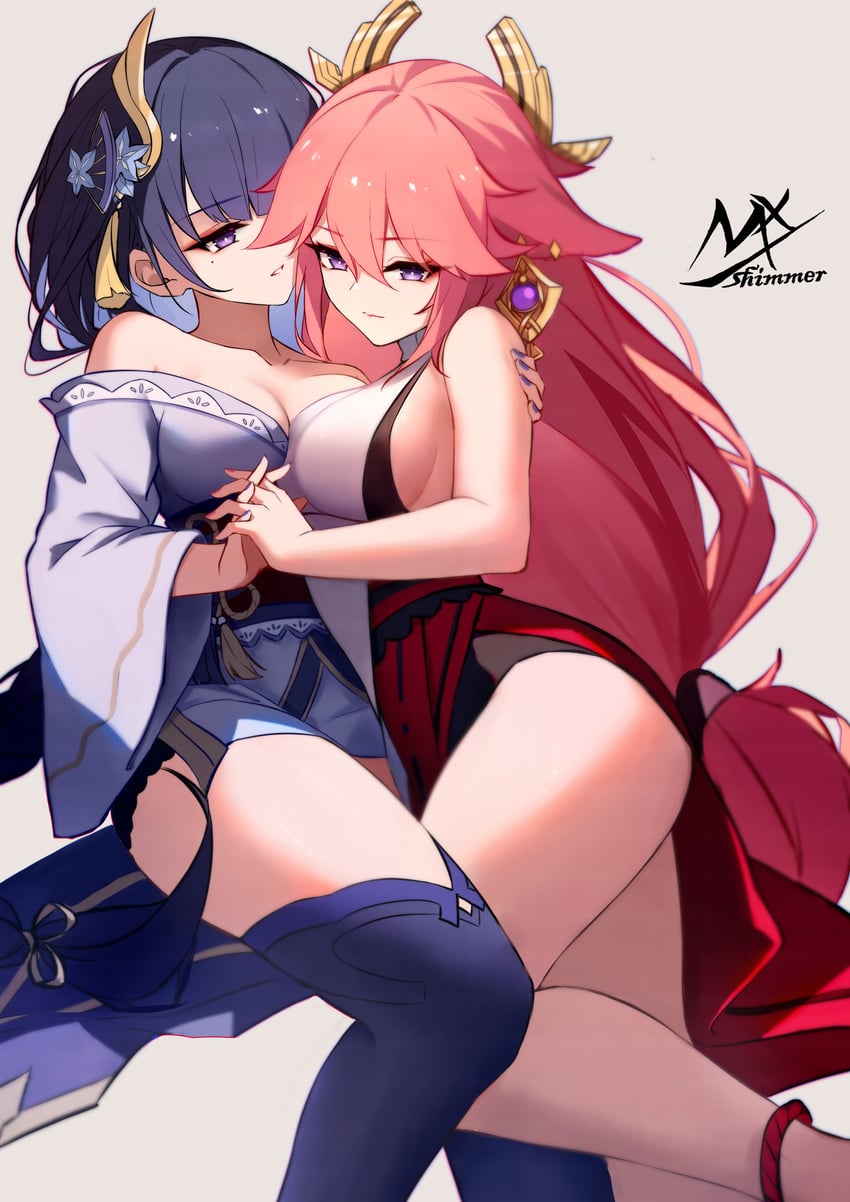 raiden shogun and yae miko (genshin impact) drawn by shimmer