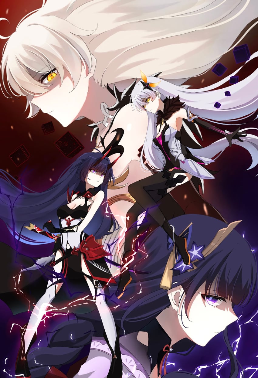 raiden shogun, kiana kaslana, raiden mei, kugimiya rie, sawashiro miyuki, and 1 more (genshin impact and 3 more) drawn by yudemame1027