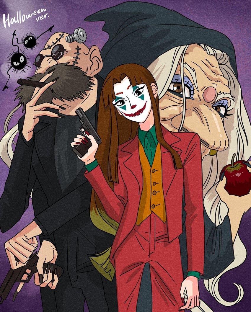 frankenstein's monster, joker, susuwatari, queen grimhilde, lin, and 2 more (dc comics and 4 more) drawn by rikaco1988