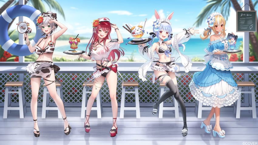 houshou marine, usada pekora, shirogane noel, shiranui flare, and dokuro-kun (hololive) drawn by suraimu_(suraimuraimu)