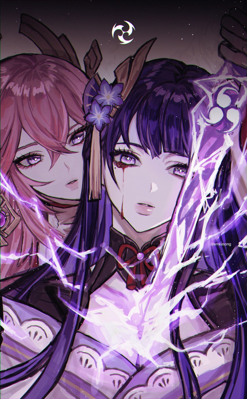 raiden shogun and yae miko (genshin impact) drawn by emkesong