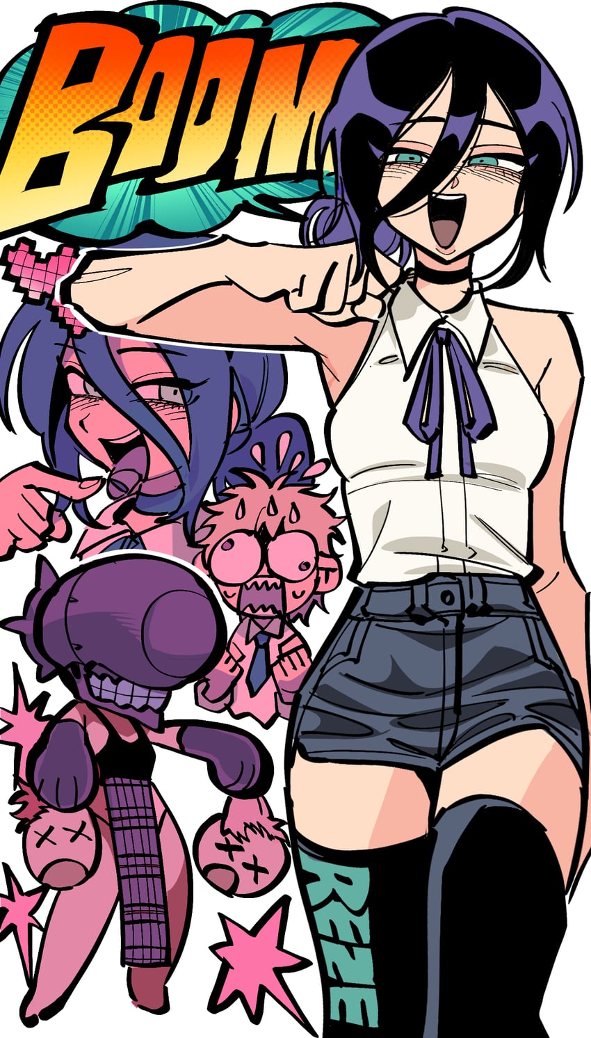 denji, reze, and bomb devil (chainsaw man) drawn by margare