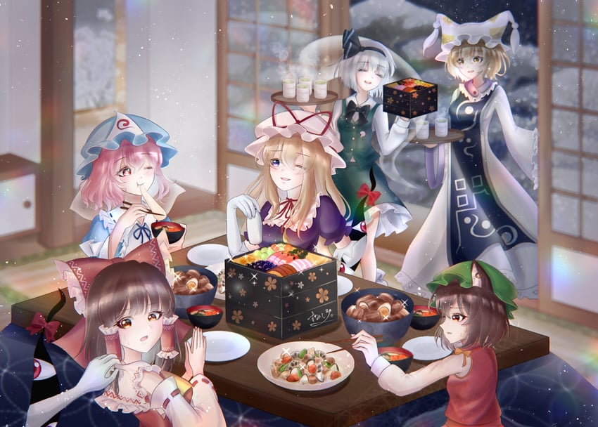 hakurei reimu, konpaku youmu, yakumo yukari, saigyouji yuyuko, yakumo ran, and 1 more (touhou) drawn by sumishiro_8070