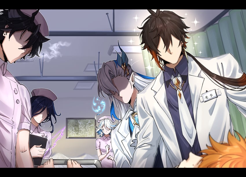 furina, zhongli, tartaglia, neuvillette, clorinde, and 1 more (genshin impact) drawn by yuka_(pixiv38407039)