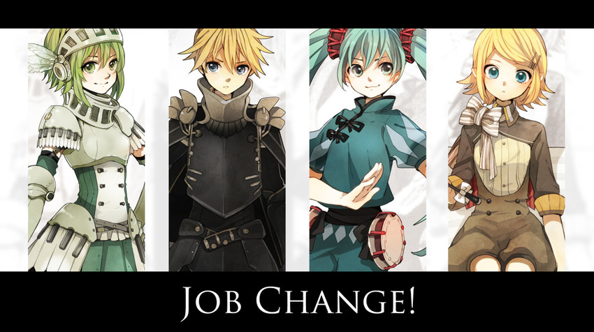 hatsune miku, kagamine rin, kagamine len, and gumi (vocaloid) drawn by tama_(songe)