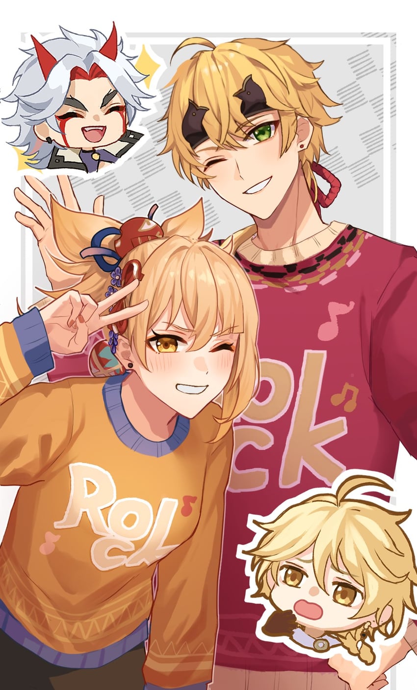 aether, yoimiya, arataki itto, and thoma (genshin impact) drawn by ayameiro_16