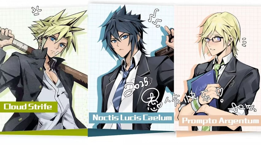 cloud strife, noctis lucis caelum, and prompto argentum (final fantasy and 3 more) drawn by aries20770321