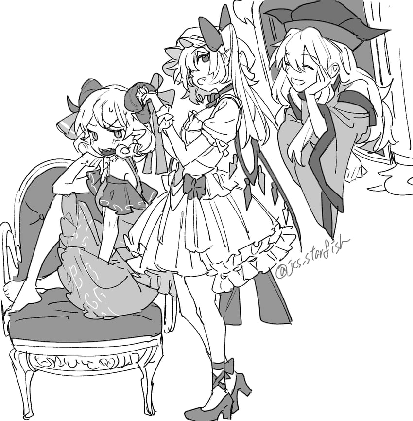 flandre scarlet, matara okina, and toutetsu yuuma (touhou) drawn by mero_(starfish_jcs)