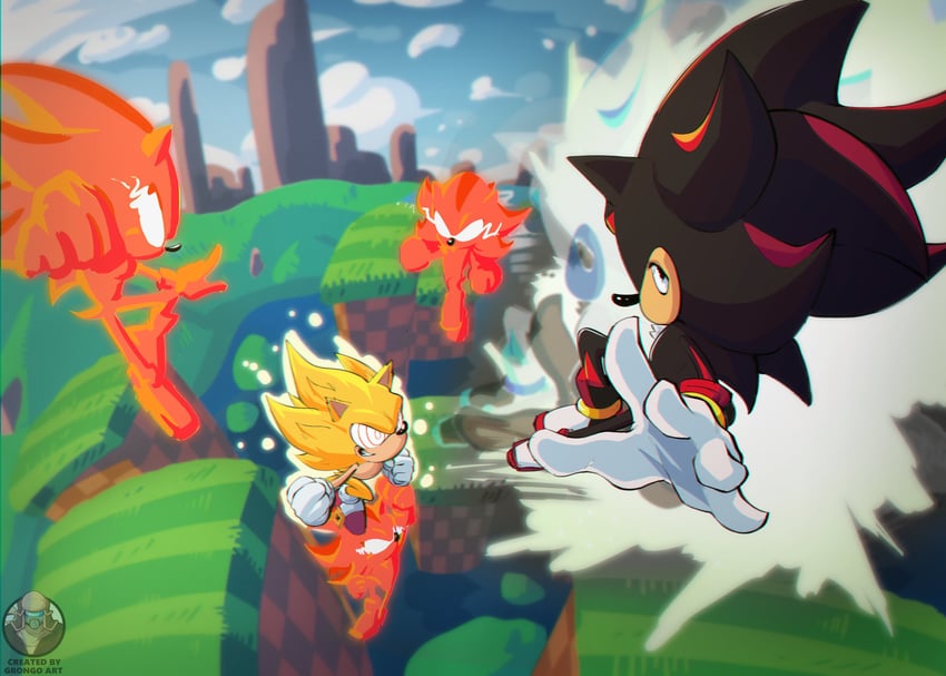 sonic the hedgehog, shadow the hedgehog, super sonic, and fleetway super sonic (sonic and 1 more) drawn by grongo_art