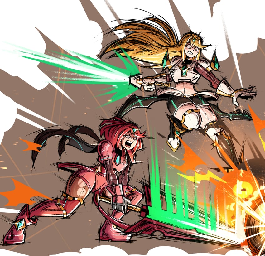 pyra and mythra (mario and 4 more) drawn by thegreyzen