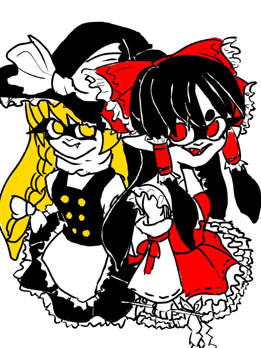 hakurei reimu, kirisame marisa, and inkling player character (touhou and 1 more) drawn by splatoon_dadada