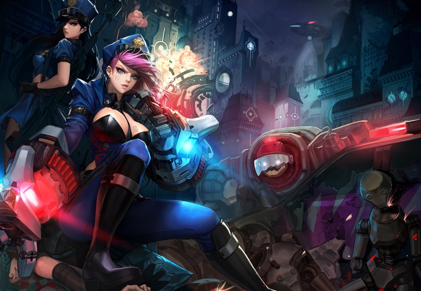 jinx, vi, caitlyn, blitzcrank, officer caitlyn, and 1 more (league of legends) drawn by daeho_cha